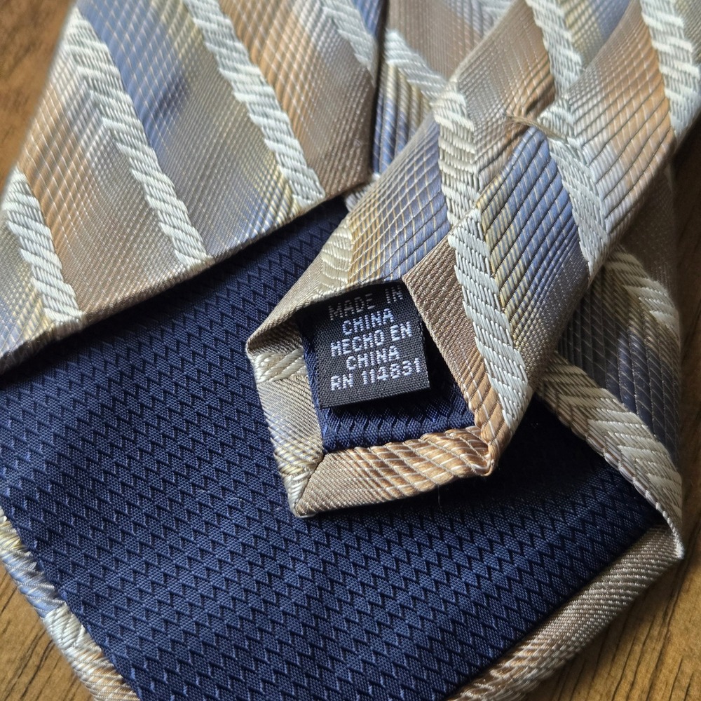 Paul Dione Mens Silk Tie Silver Champagne Blue Diagonal Stripe Herringbone Woven - Picture 4 of 4